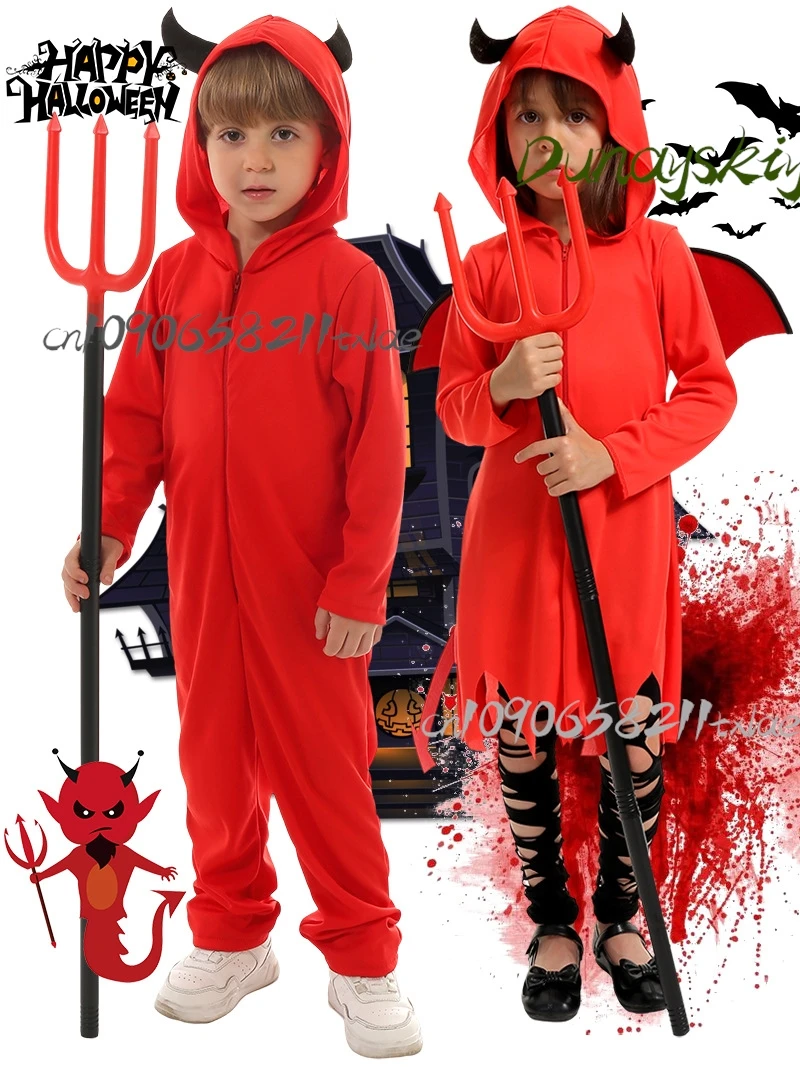 

#@$Devil Costume – Halloween Stage Play Satan cos Outfit Winged Cape + Horn Headband, School Performance Approved