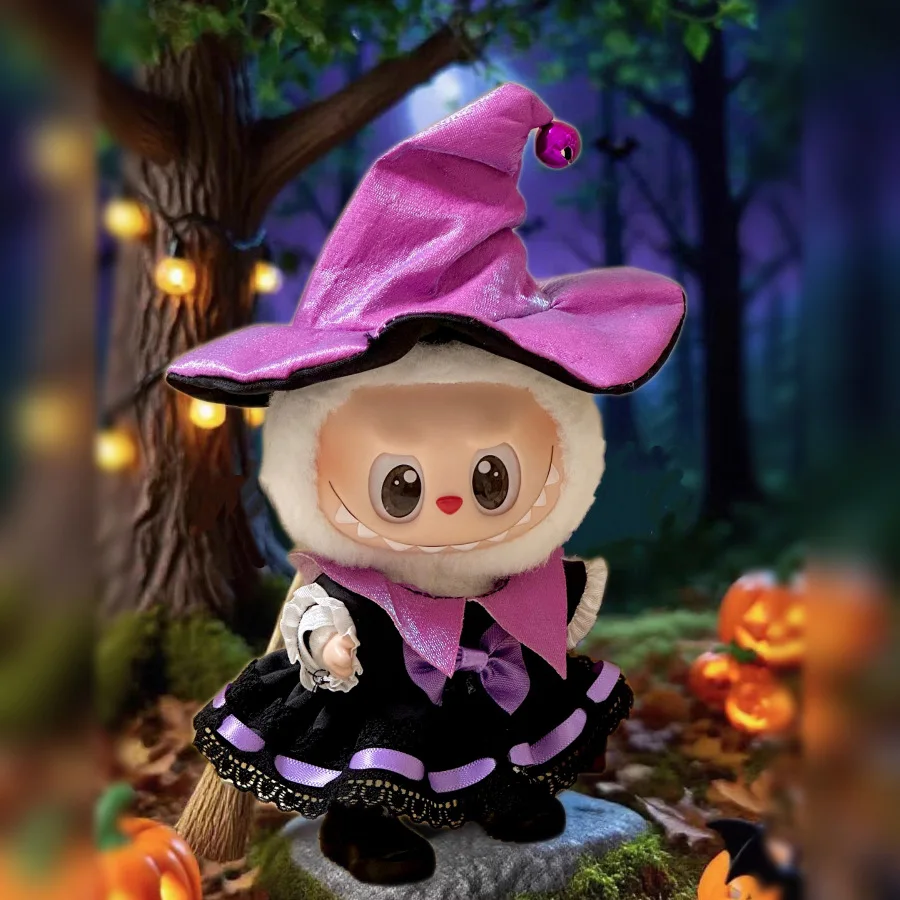 Halloween Teufel Umhang Lila Hexe Kleidung für Labubu I mit Halloween Kürbis Umhang Hut Anzug für Ladbubu Puppen Zubehör