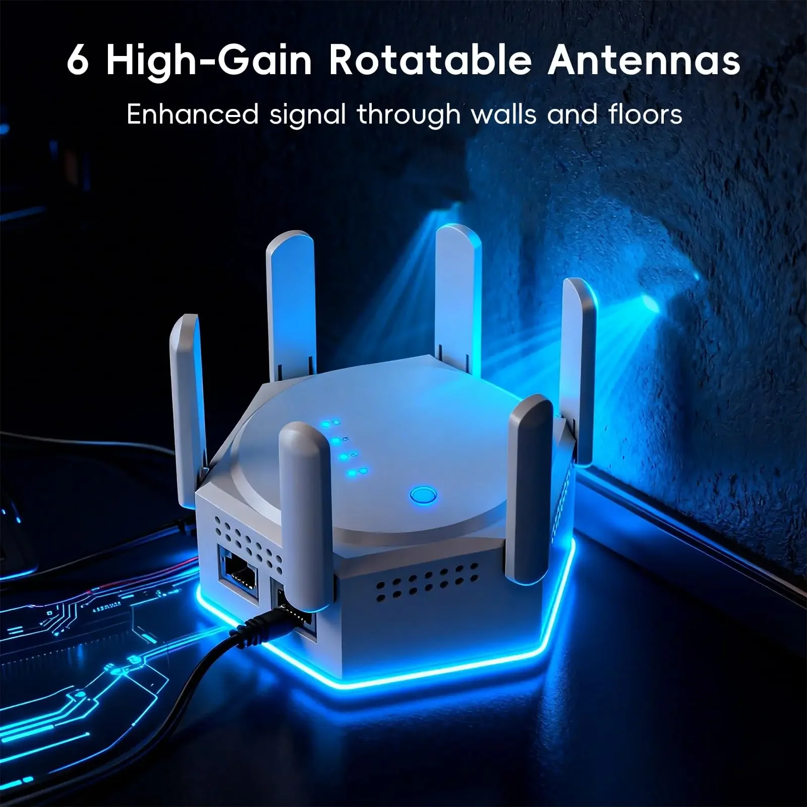1200Mbps Dual Band WiFi Extender Signal Booster with 6 Antennas & Ethernet Ports Repeater 2.4G/5G Coverage up to 8000 Sq.Ft