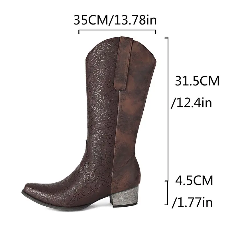 ORCHALISA Brand Women Western Boots Square Toe Block Heels 4.5cm Slip On Embroider Plus Size 42 43 Casual Female Mid Calf Bota