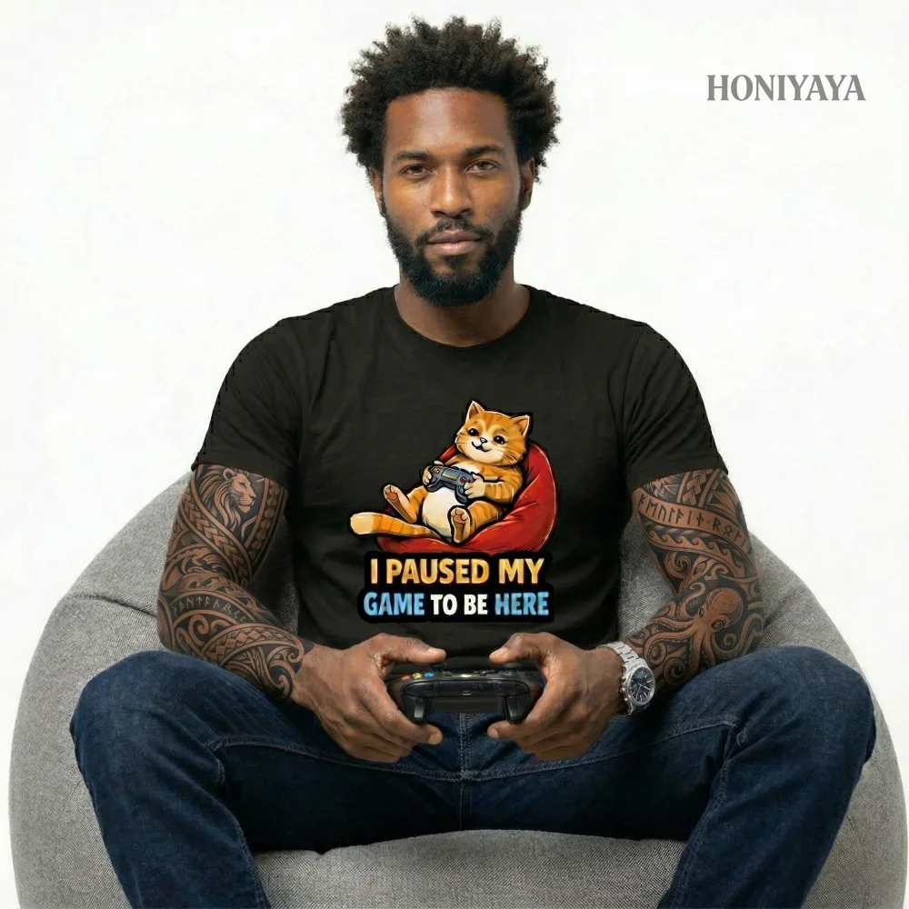 Funny T Shirt Men Women Cotton Casual Tee Gamer Cat Shirt I Paused My Game Gift for Gamers