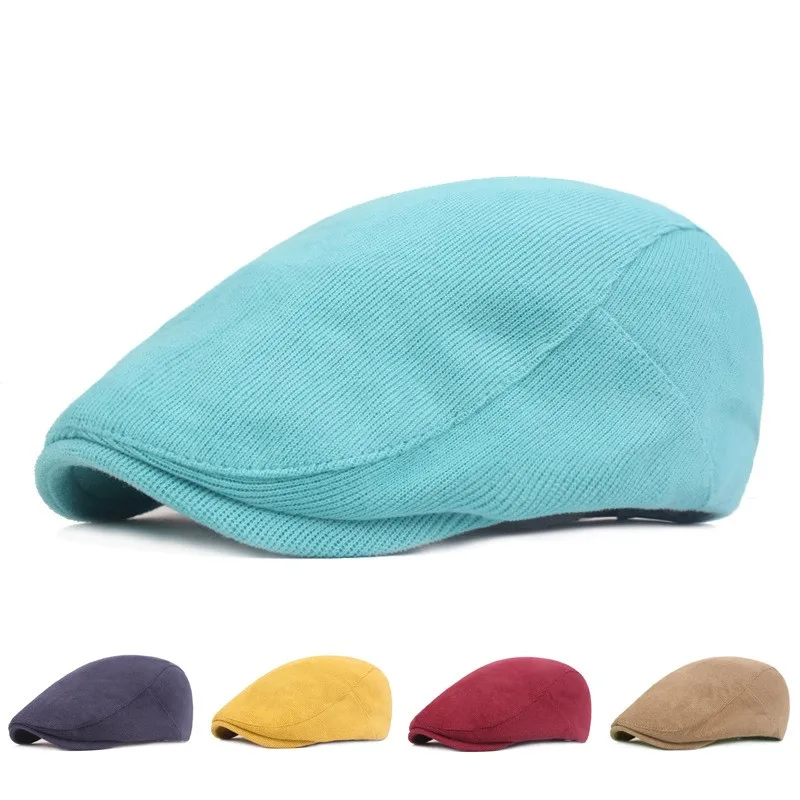 Spring Autumn Berets Hat Men knitting Visor Cap Casual Fashion Women Beret Solid Yellow Blue Peaked Flat Cap Duckbill Hat