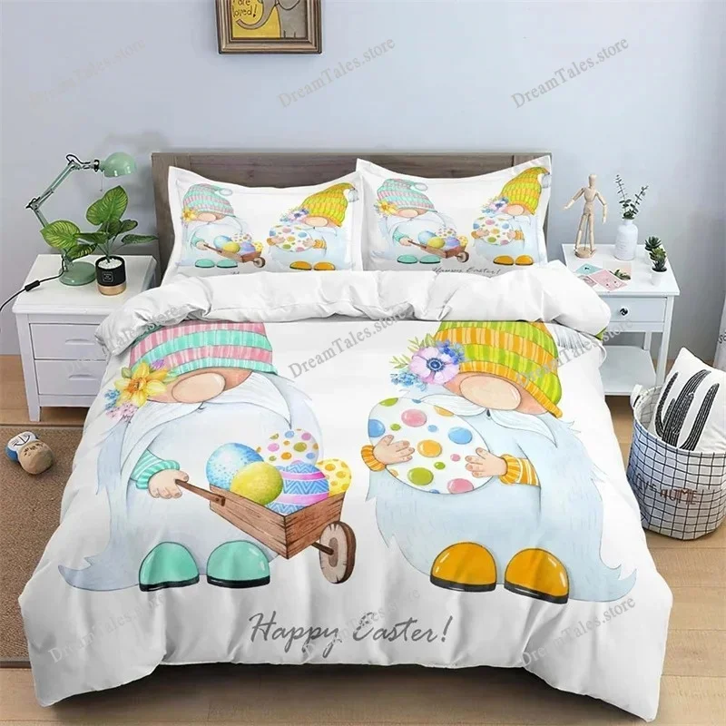Kids Cartoon Bee Gnomes Duvet Cover King Size White Daisy Floral Bedding Set Cute Honey Bee Comforter Cover for Boys Girls Room
