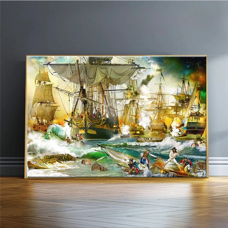 5D Diamond Embroidery Painting Full Round Square Battle On The High Seas Boats Warfare Drill Diy Mosaic Decor Diamond Painting