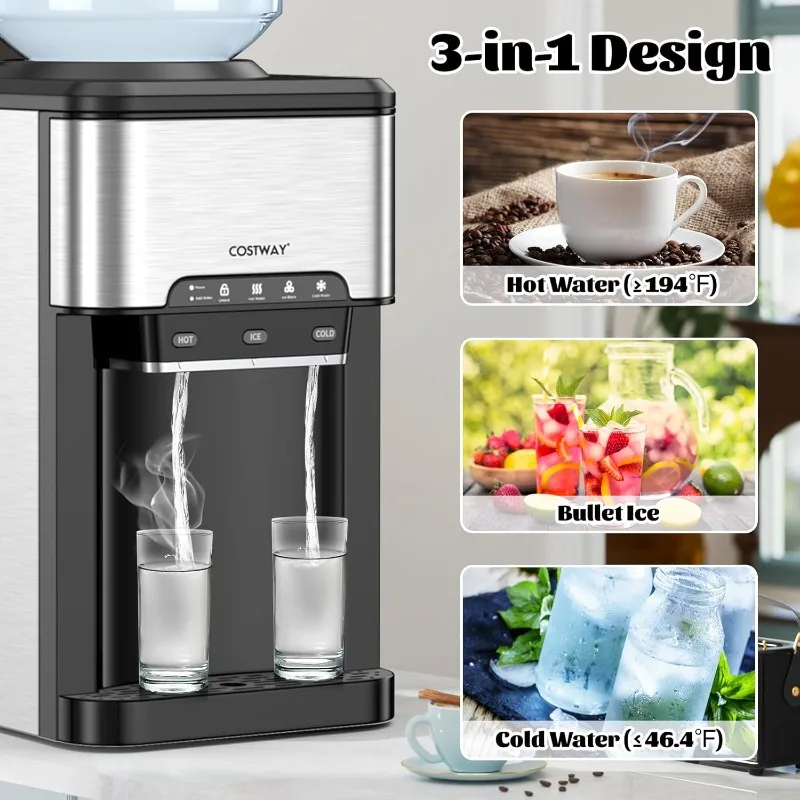 COSTWAY Water Dispenser with Ice Maker, 3-in-1 Countertop Hot/Cold Dispenser with Ice Machine, 2 Ways to Add Water, Child Safety