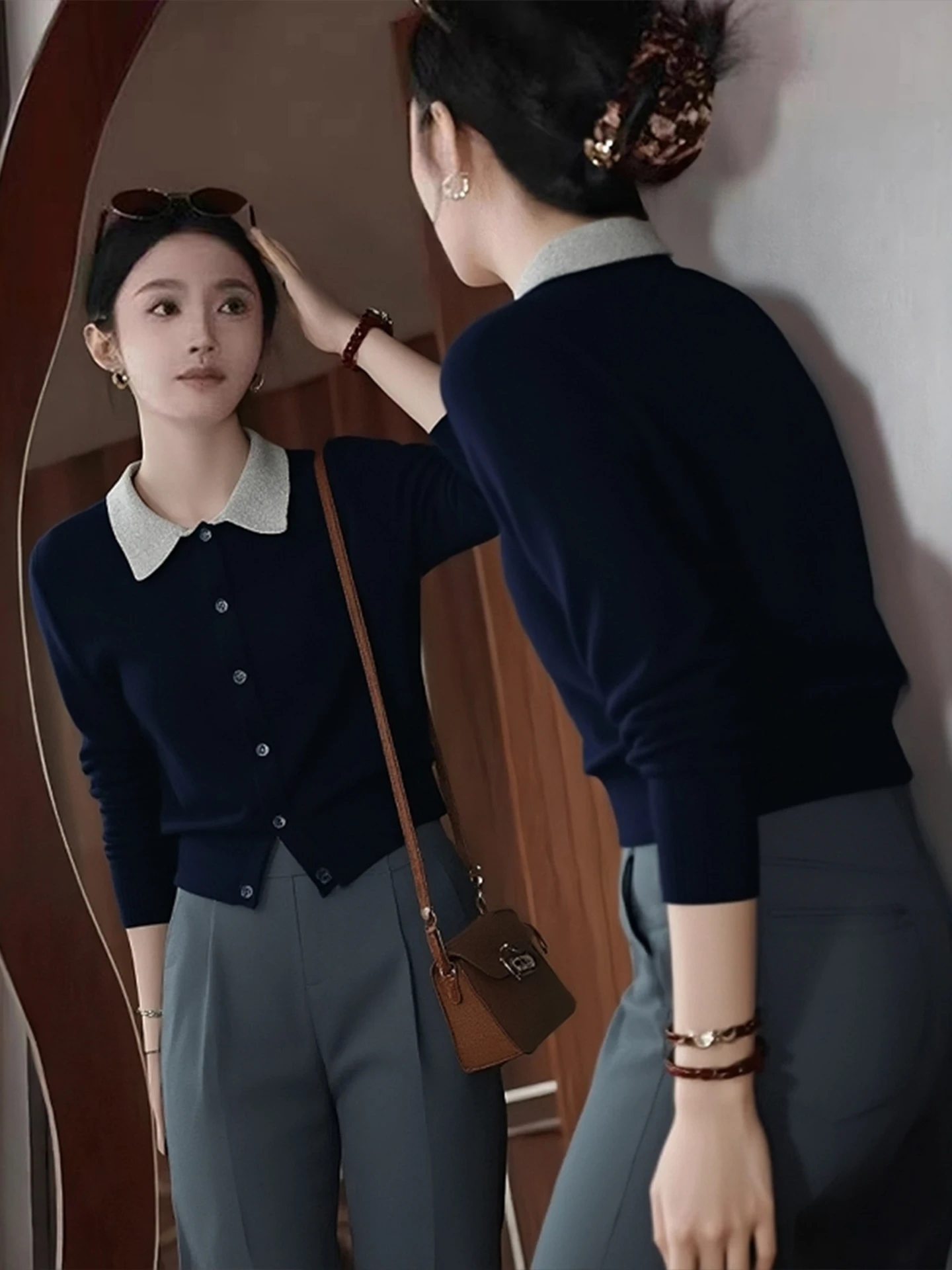 

Модный вязаный топ с цветными вставками, мягкий, облегающий, с длинным рукавом и воротником, для женщин, зимний сезон