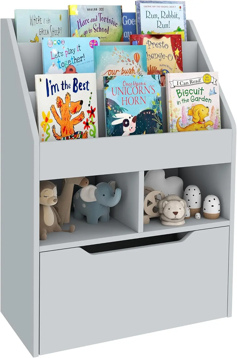 

Kids Bookcase with Storage Drawer, 3-Shelf Organizer for Books and Toys, Gray