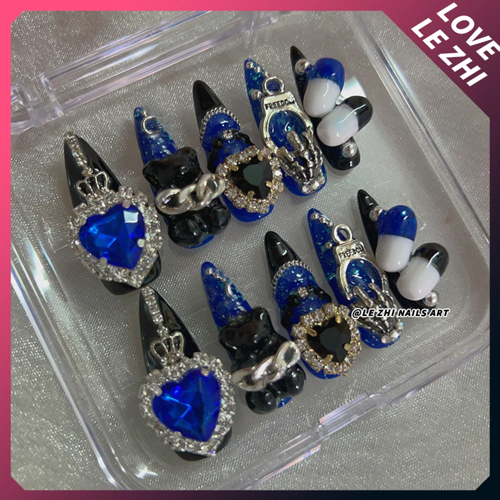 Y2K Spice Girl Punk Long Square Almond Handmade Nail Party Sticker Magic Mirror Pink Pearl Rhinestone Wearable Press On Nails