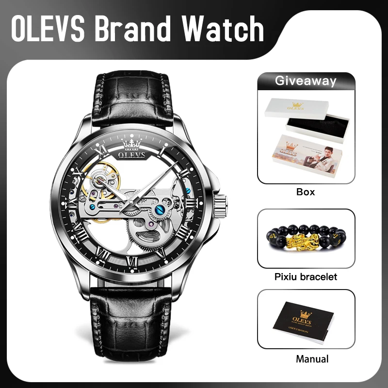 OLEVS 6661 Mens Watch Automatic Mechanical Watches Waterproof Leather Strap Top Luxury Watch Luminous Watches For Men Gift Box