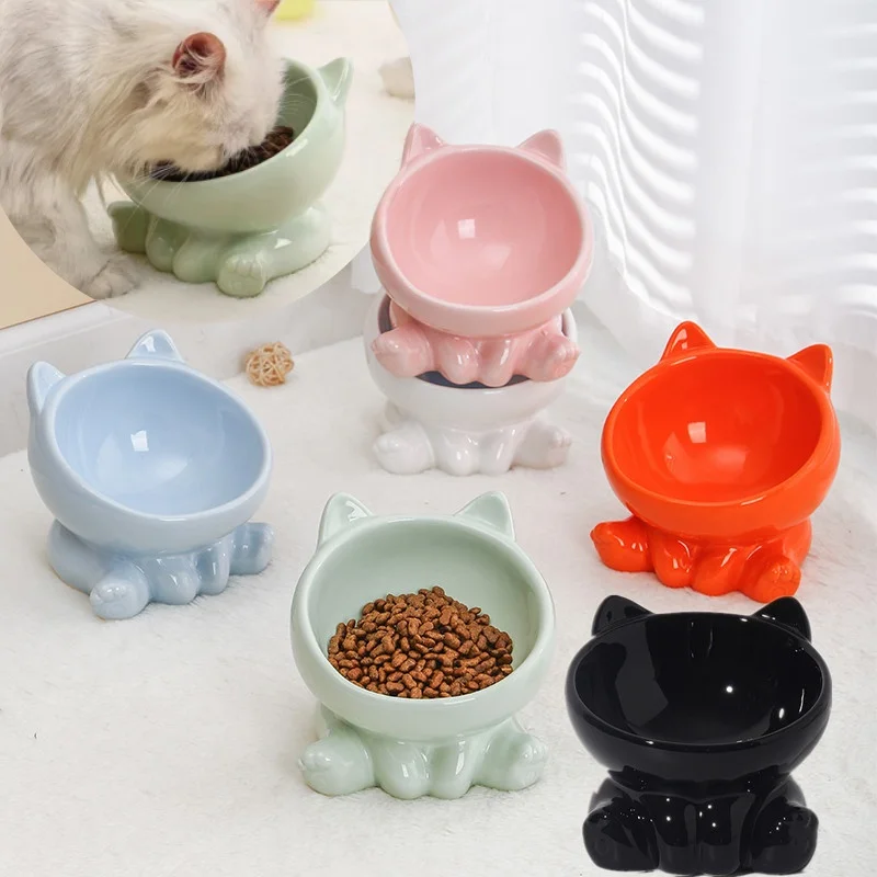 Cute Ceramic Cat Dog Bowl with High Feet Diagonal Design Pet Water Bowl Cervical Spine Protection Accessory