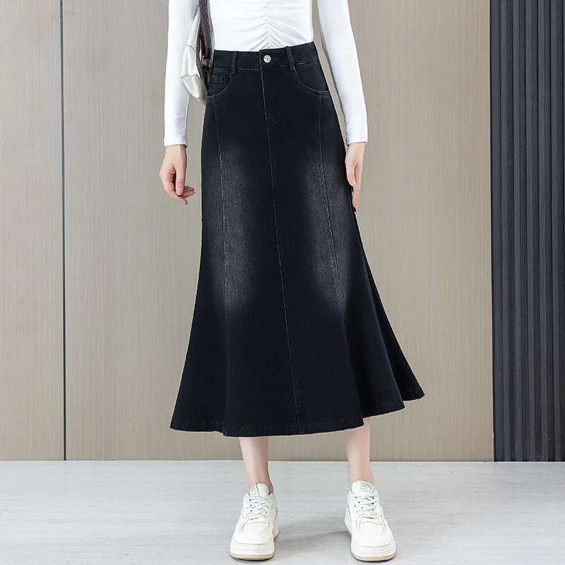 تنورة من قماش الدنيم للربيع والخريف على شكل ذيل السمكة للنساء، طراز عتيق، متوسط الطول، مكشكشة على شكل حرف A، نصف تنورة ضيقة