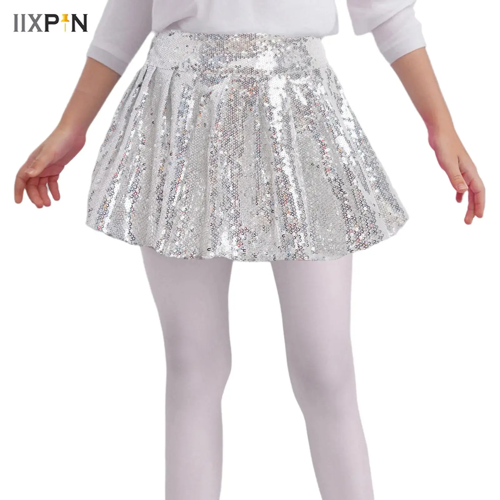 

Kids Girls Sparkling Sequins Jazz Ballet Dance Skirt Elastic Waist Skirt with Built-in Shorts for Birthday Party Performance