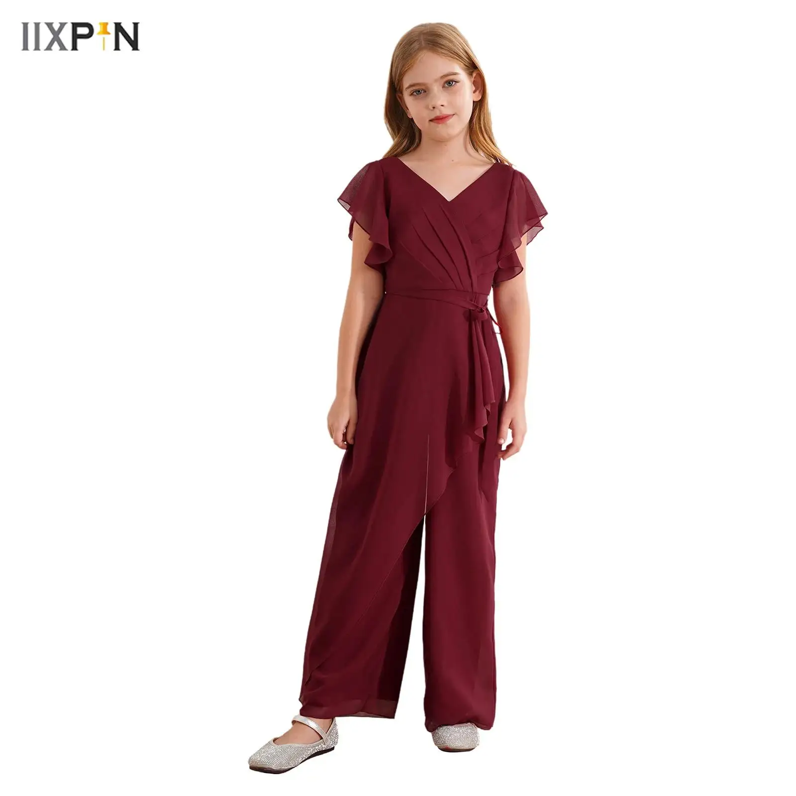 

Kids Girls V Neck Chiffon Bodysuit Rompers Ruffled Short Sleeve High Waist Overlay Wide Leg Pants Jumpsuit for Party Banquets