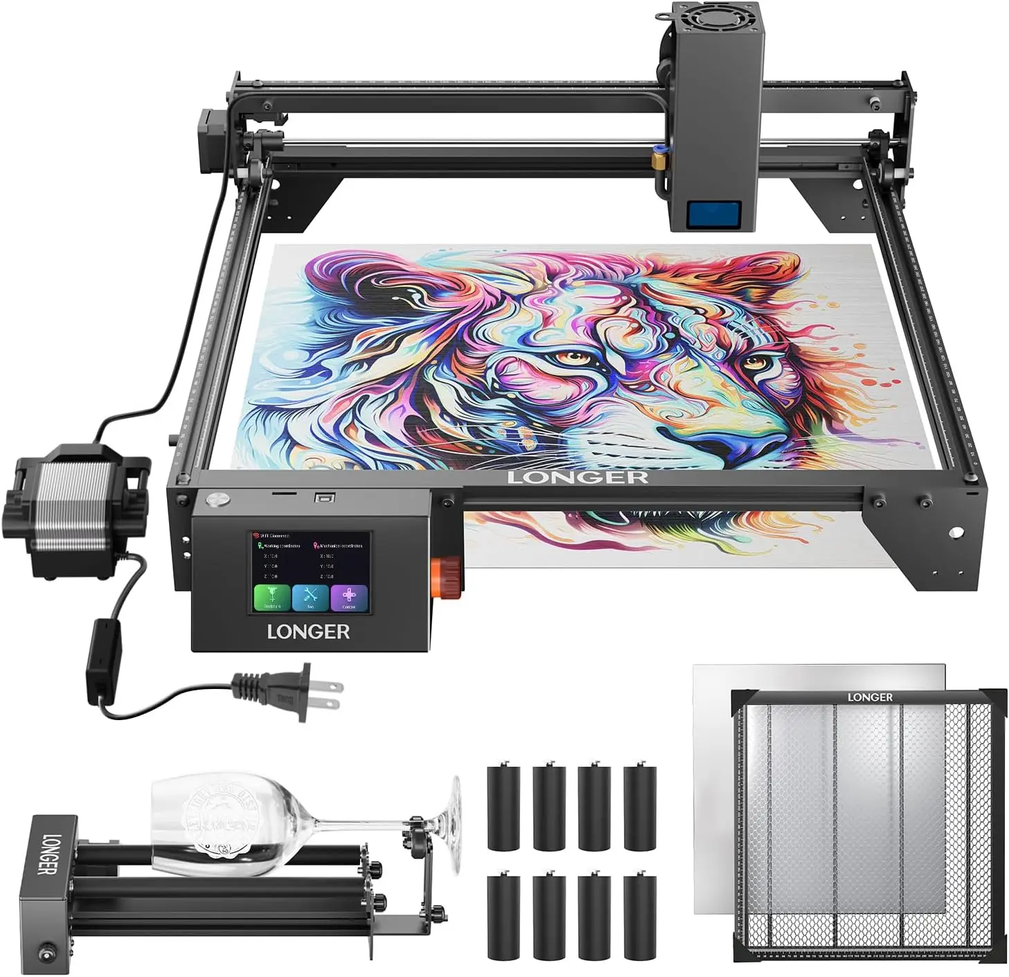 

Longer RAY5 20W Laser Engraver with Air Pump, 17.3"x 17.3" Honeycomb Bed, Rotary Roller, and 8 Risers – Cuts and engraves Wood,