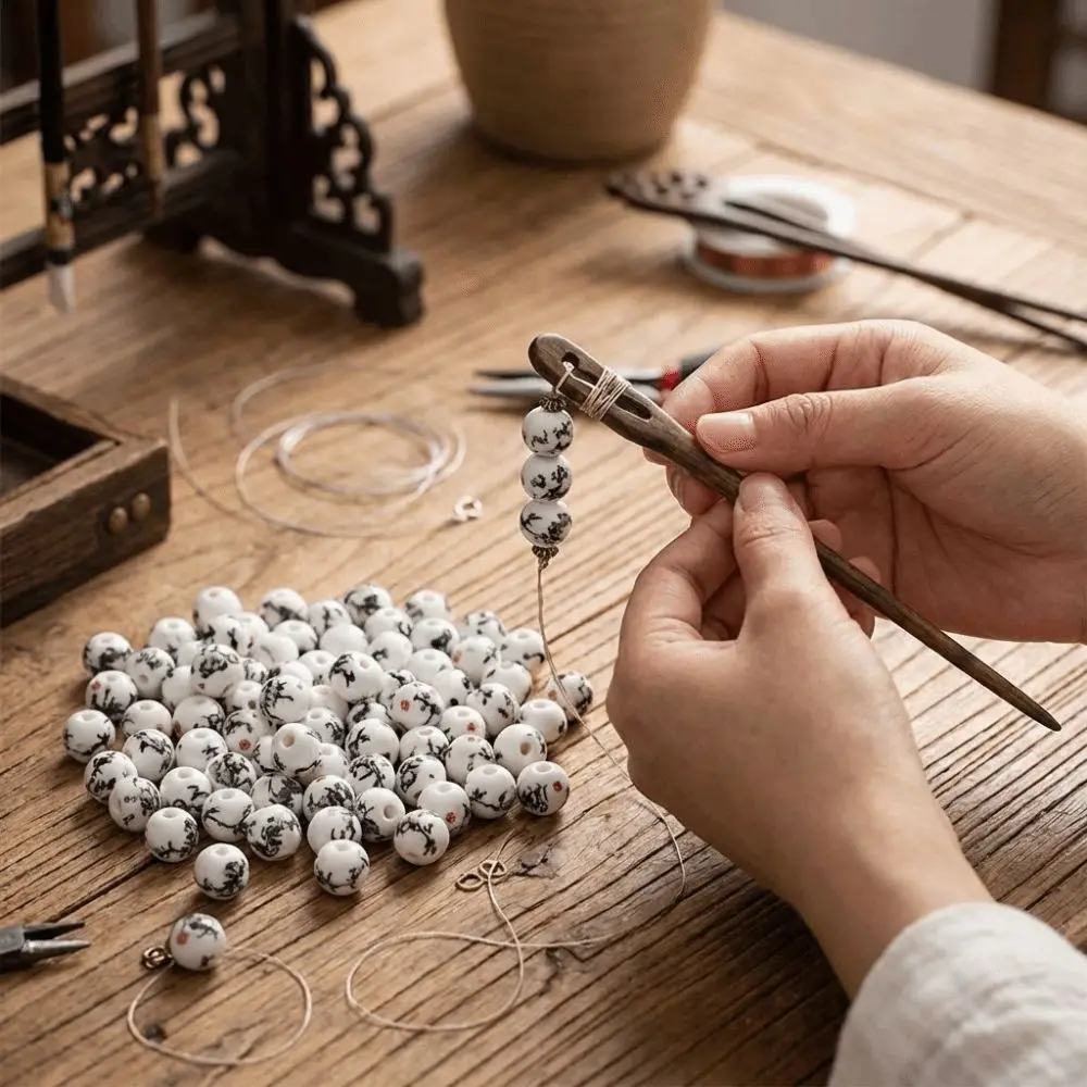 30pcs/set Creative DIY Ceramic Beads Flowers Printed Ancient Style Loose Beads Loose Form Round Chinese Style Beads Crafts