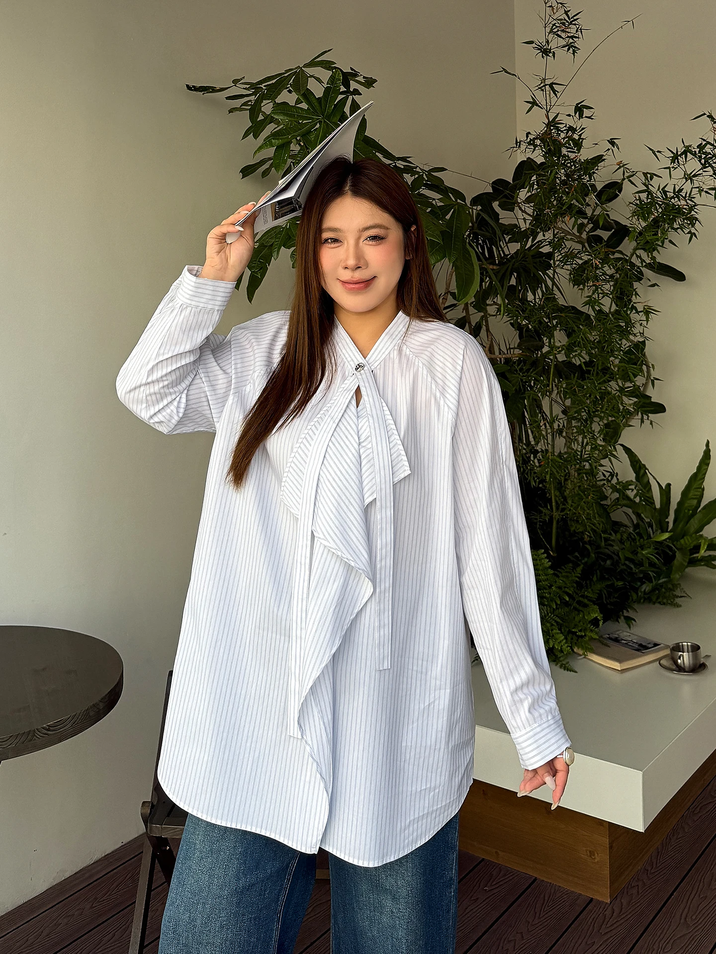 

Стильное полосатое женское платье-рубашка больших размеров, свободного кроя, средней длины, весеннее, повседневное, в корейском стиле, из смесового хлопка, с длинным рукавом