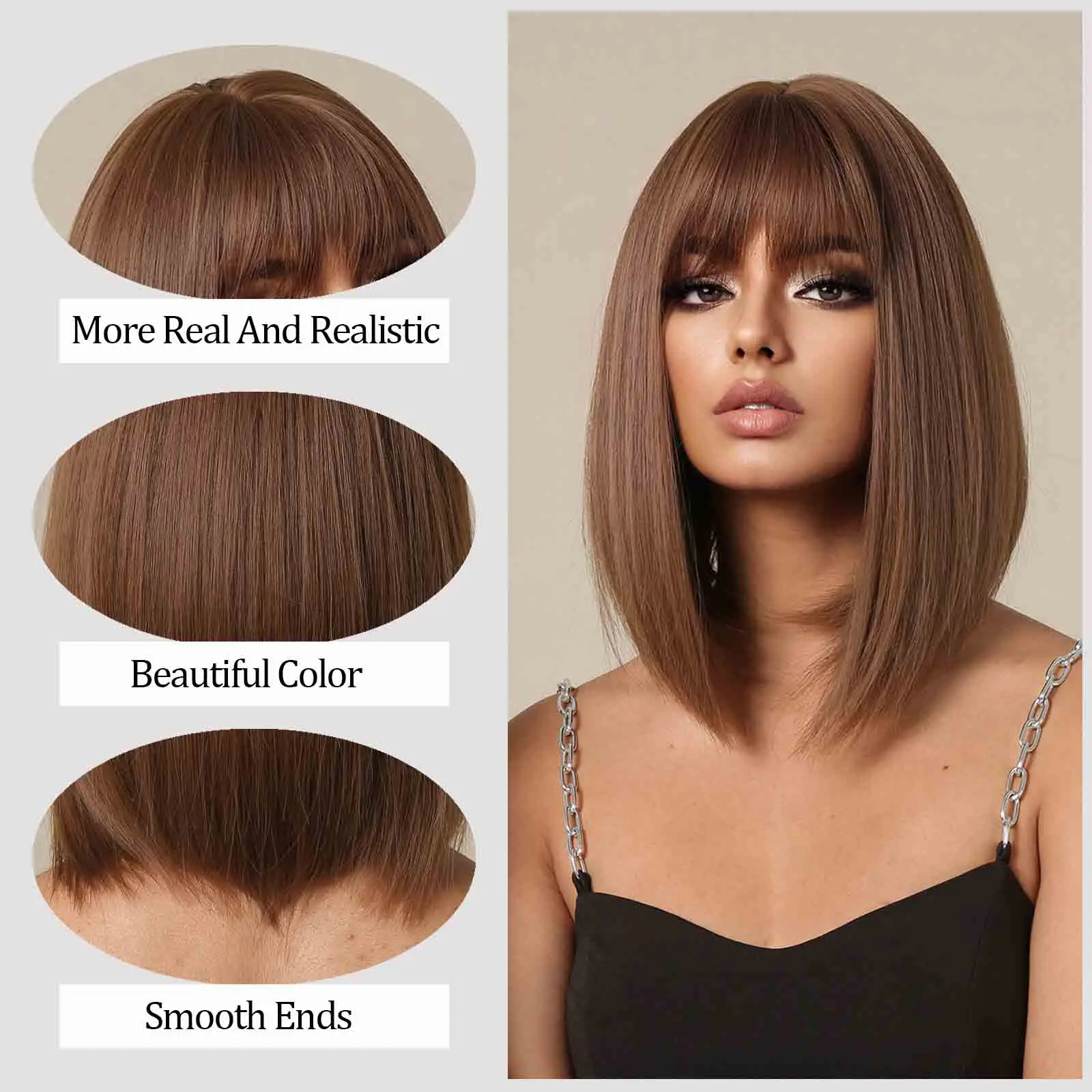 LOUIS FERRE Short Straight Synthetic Wigs for Women Brown Bob Wigs with Bangs Daily Cosplay Medium Length Heat Resistant Hair