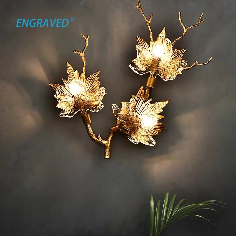 

Creative Wall Lamp Maple Leaf Handmade Glass Sconce Living Room Decorative Lighting Copper Bedroom Home Decor