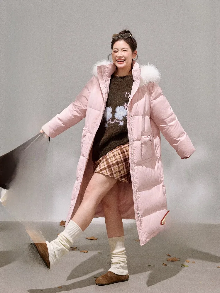 

Женская удлиненная пуховая куртка больших размеров с розовым меховым воротником, теплая, свободного кроя, с высокой талией, на молнии, повседневная, цветная