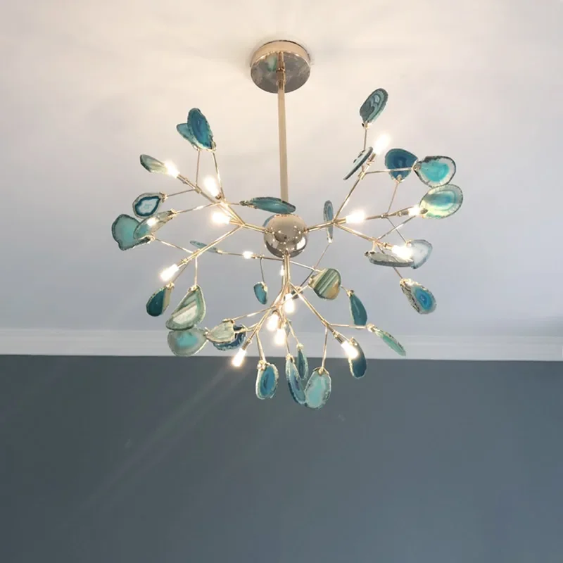 Nordic Colorful Agate LED Chandeliers Romantic Leaves Shape Pendant lamp Art Room Hall Living Room Decoration LED Lights