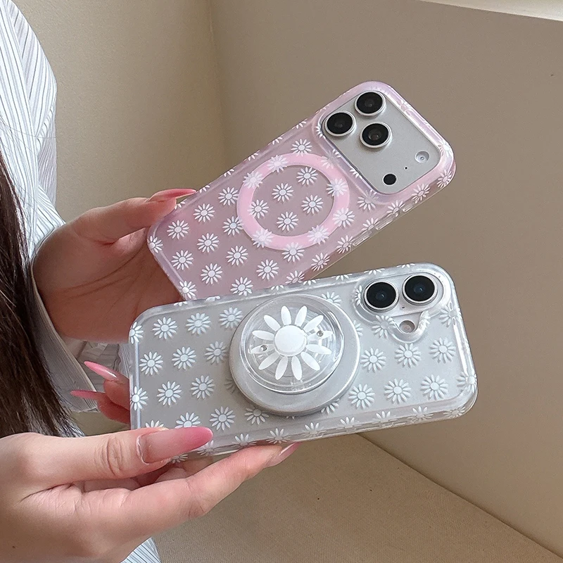 Korean Cute White Small Flower Magnetic Phone Case For iPhone 17 Pro 16 15 Pro Max Cases with Magsafe Stand Floral Kawaii Funda
