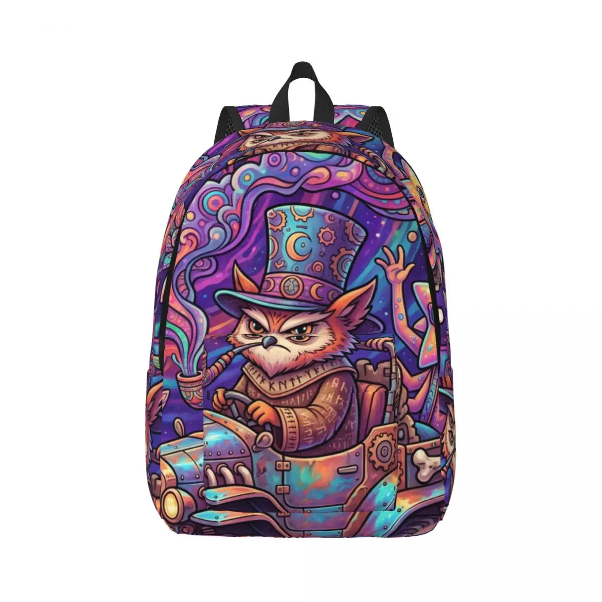 Teen Boys School Backpack Center Psychedelic Car Whimsical Illustration Vibrant Multi Color Cool Printed Daypack for Laptop Work