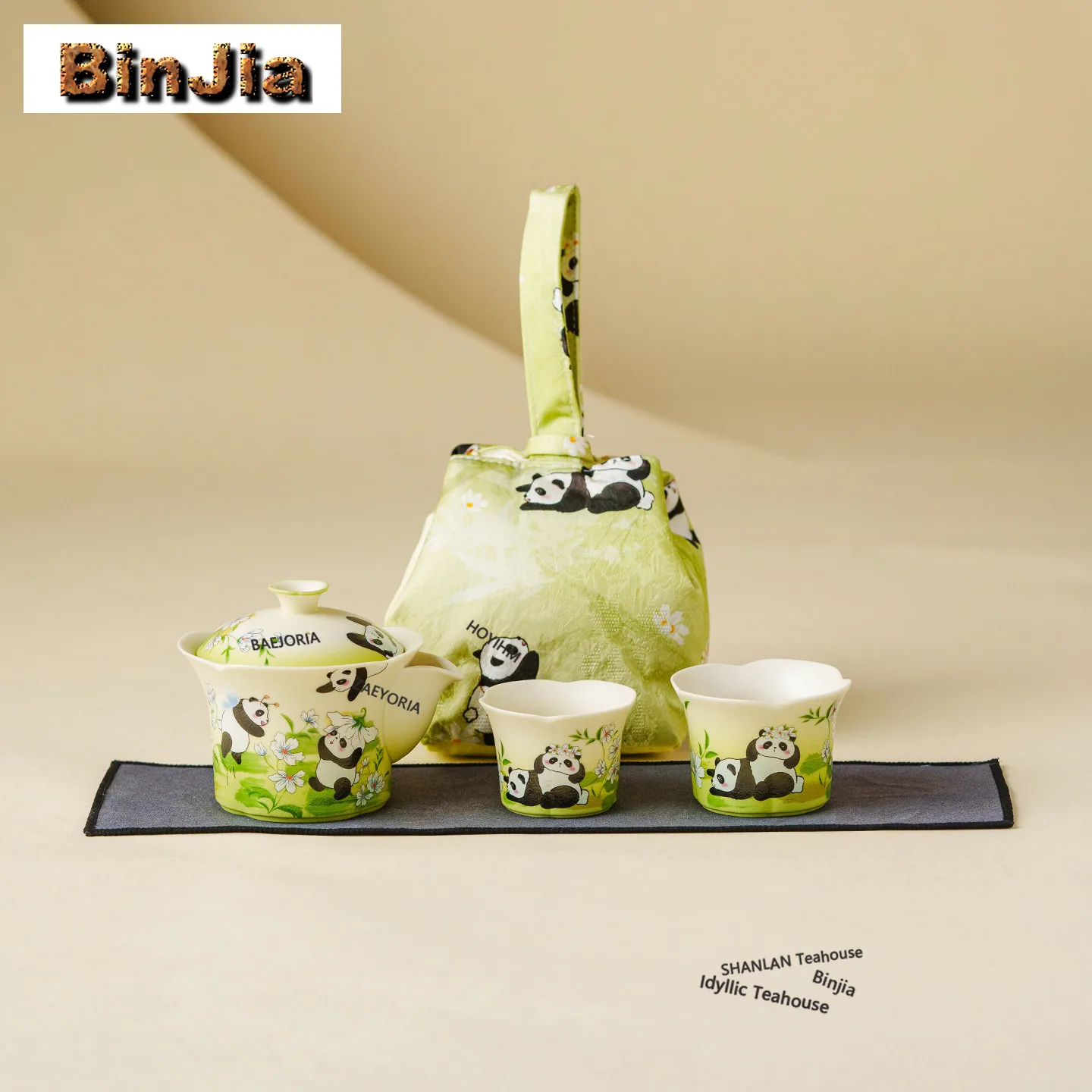 BAEJORIA Decal Panda Travel Tea Set Kit Zen 1 Pot 3 Cups Tea Maker Organizer Portable Outdoor Tote Bag Accessories Collection