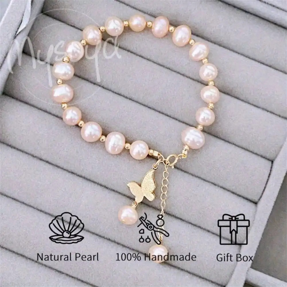 

MYSOYA Pink Freshwater Pearl Bracelet 6-7mm Pearls Gift Box Gift for Her Wedding Jewelry Christmas Birthday Anniversary Gift
