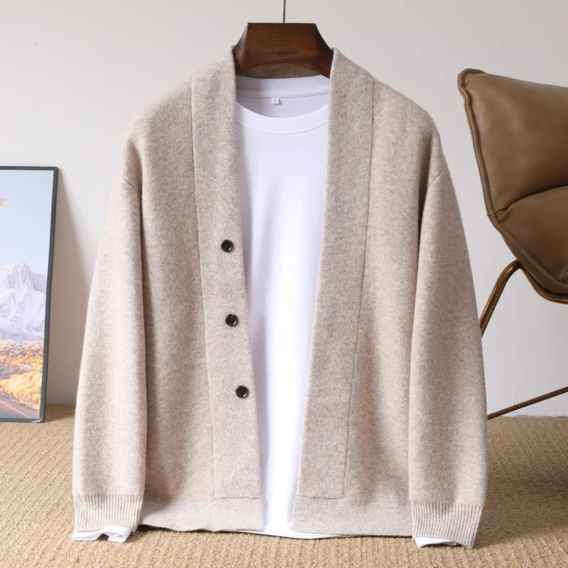 

100% Merino Wool Men's Free Collar Knit Cardigan Autumn Winter Thicken Solid Color V-Neck Business Casual Cashmere Coat Sweater