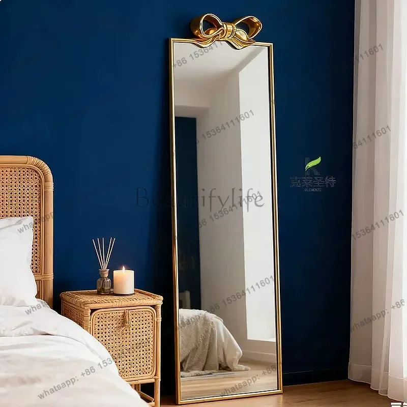 YJ French Creative Bowknot Full-Length Mirror American Style Rectangle Floor Mirror for Living Room Decorative Dressing Mirror
