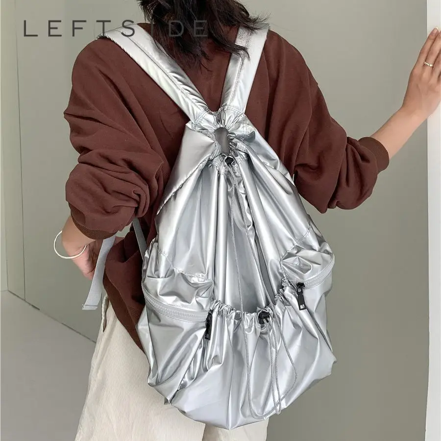 LEFTSIDE 2023 Silver Drawstring Back Pack Big PU Leather Korean Fashion Backpack for Women School Bags for Teenagers Girls