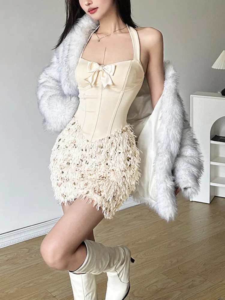 Streetwear Slim Patchwork Glitter Fur Vestido De Mujer Y2k Aesthetic Halter Strapless Dress Vintage Grunge Bow Dresses for Women