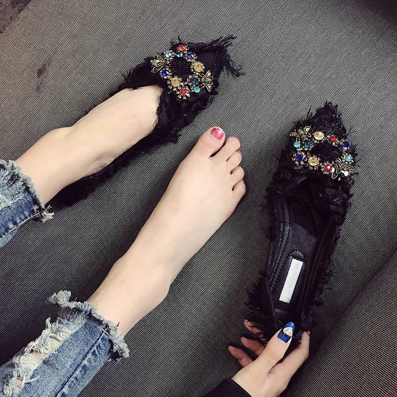 Comemore Rhinestone Casual Female 2023 New Summer Pointed Flats Slip on Luxury Woman Loafers Women Elegant Flats Dress Low Shoes