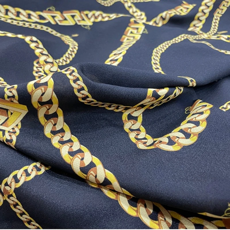 

Designer Custom Polyester Printed Fabric Gold Chain Brand Fashion Clothing Soft Cloth for Sewing Dresses by the Meter