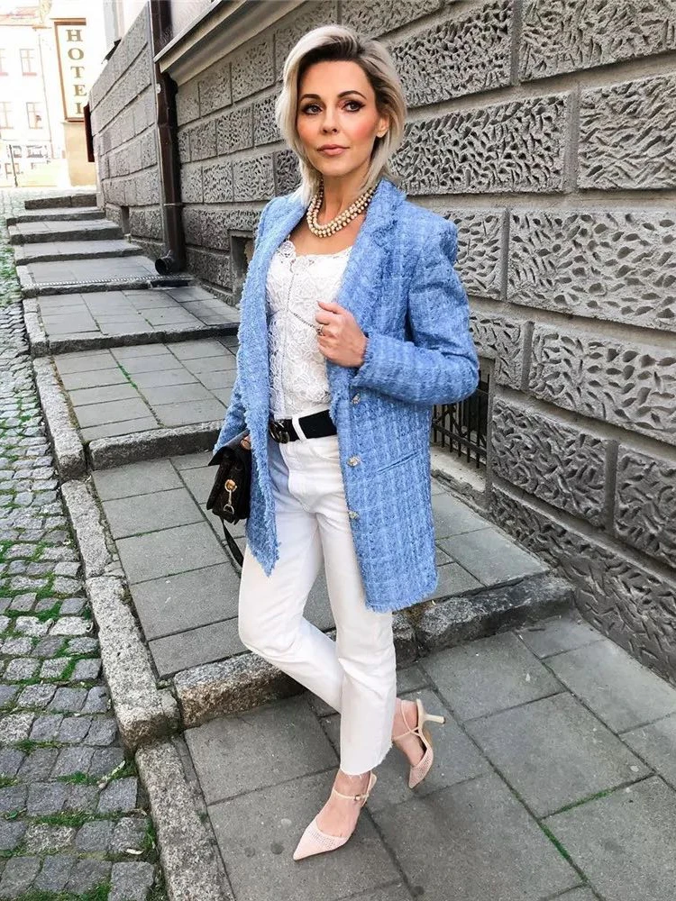 Tweed Women Elegant Blue Jacket 2023 Fashion Ladies Vintage Loose Stylish Jackets Casual Female Outerwear Girls Chic