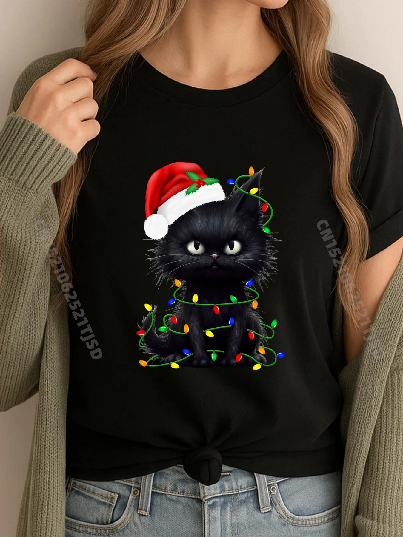 

Черный кот Санта-Рождество Одинаковые семейные пижамы Рождественские женские футболки с рисунком Мужская дизайнерская одежда