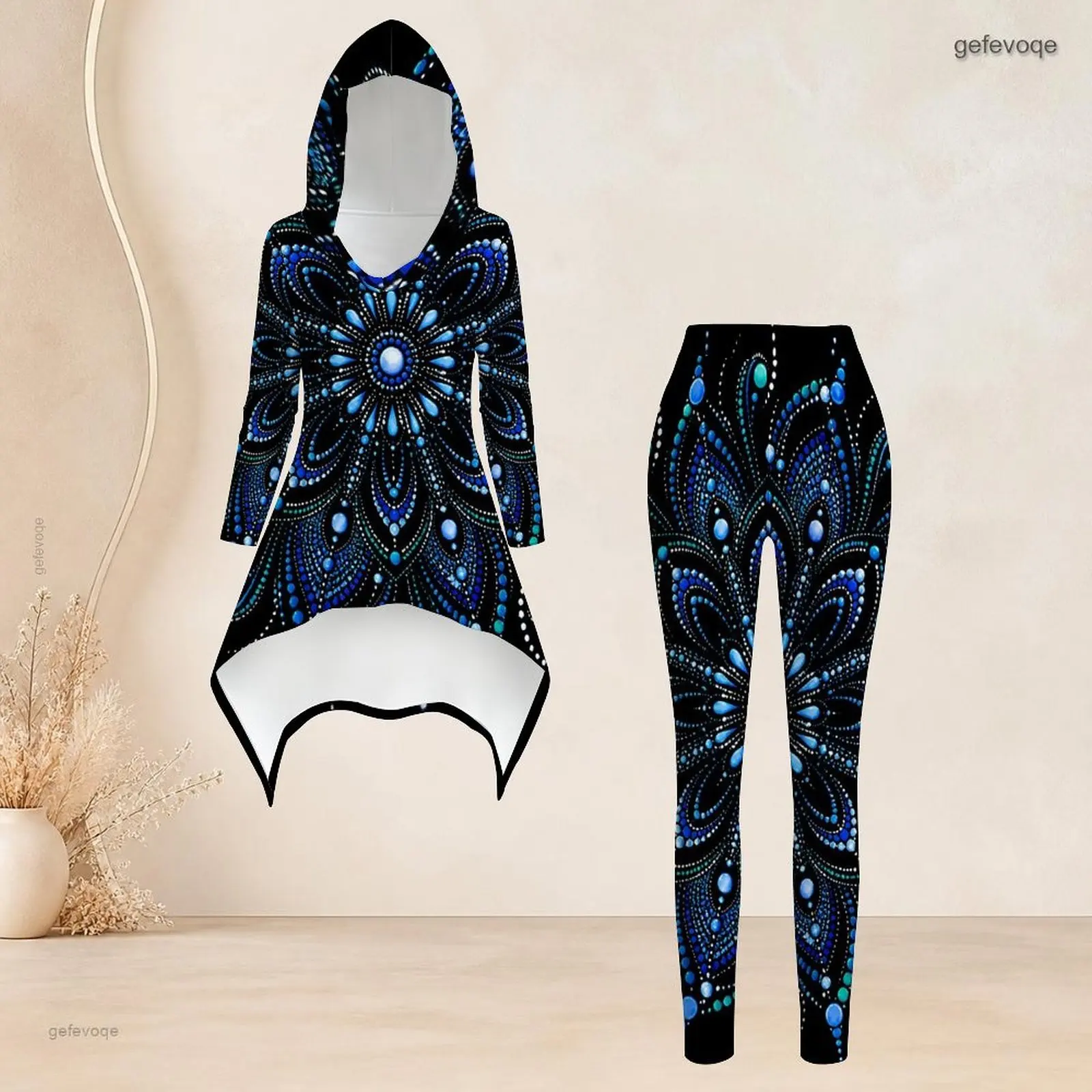 Women Halloween Pumpkin Ghost Bat Printed Hooded Long Sleeve High Low Top and Fitted Leggings Two Piece Set