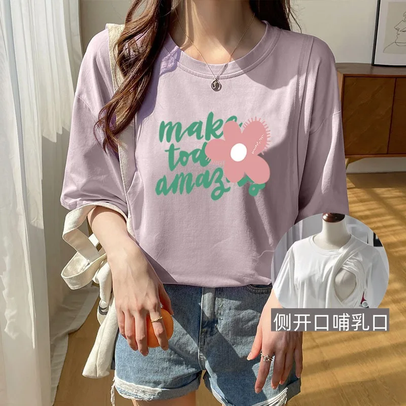 女性マタニティ看護-tシャツ産後ルーズ半袖パープルサイドオープニング授乳トップ授乳服-wt028