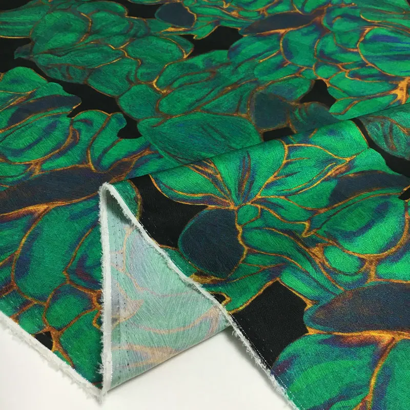 Herringbone Simulated Silk Satin Fabric Black Green Floral Print Polyester Shirt Dress for Sewing Designer Fabric Per Meter