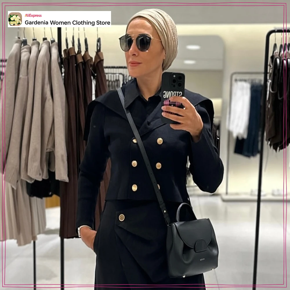 

Stylish Black Cropped Knit Wrap Jacket for Women Elegant Chic Ladies Autumn Knitwear Wide Lapel Short Cardigan with Gold Buttons