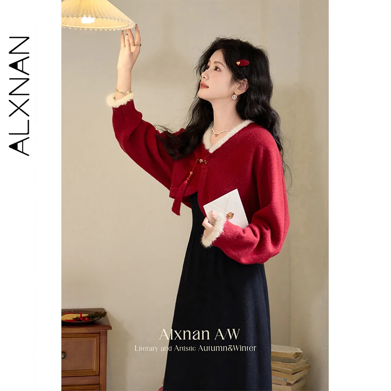 

ALXNAN красный свитер, короткий новый вязаный кардиган в китайском стиле, осень 202, меховой воротник, шикарные вязаные топы с длинными рукавами и пуговицами L52208