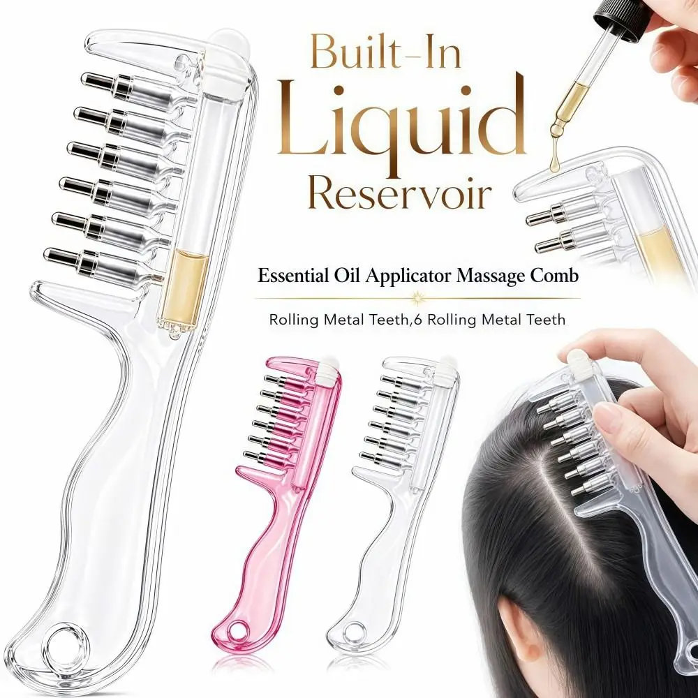 Transparent Essential Oil Applicator Massage Comb Rolling Metal Teeth 6-Tooth Liquid Guiding Scalp Massager Comb Precise