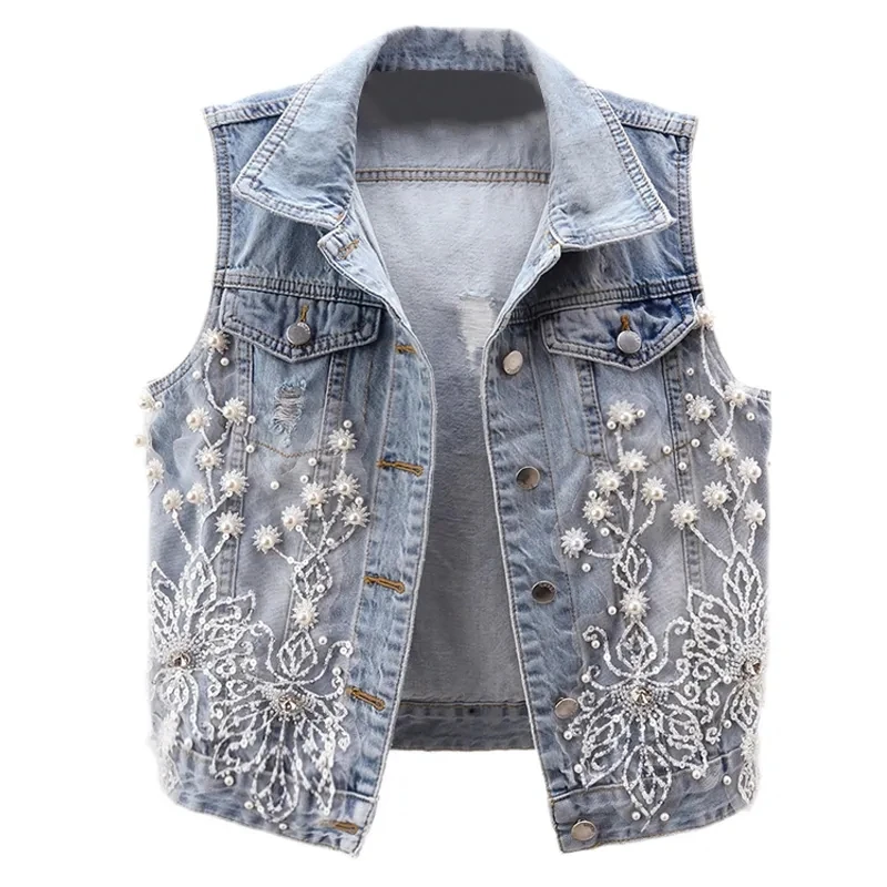 Spring/Summer Women Denim Vest 2024New Fashion Lace Beaded Denim Vest Cardigan Sleeveless Jacket Vintage Jeans Waistcoat Female