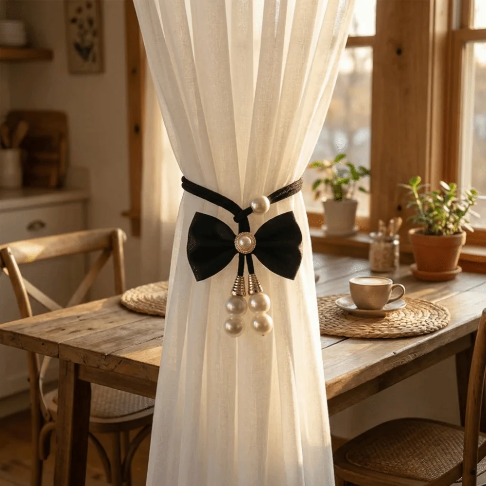2 PCS Sweet Adjustable Bowknot Curtain Straps Pearl Beautifully Bow Curtain Buckle Elegant Curtains Tie Rope Bedroom