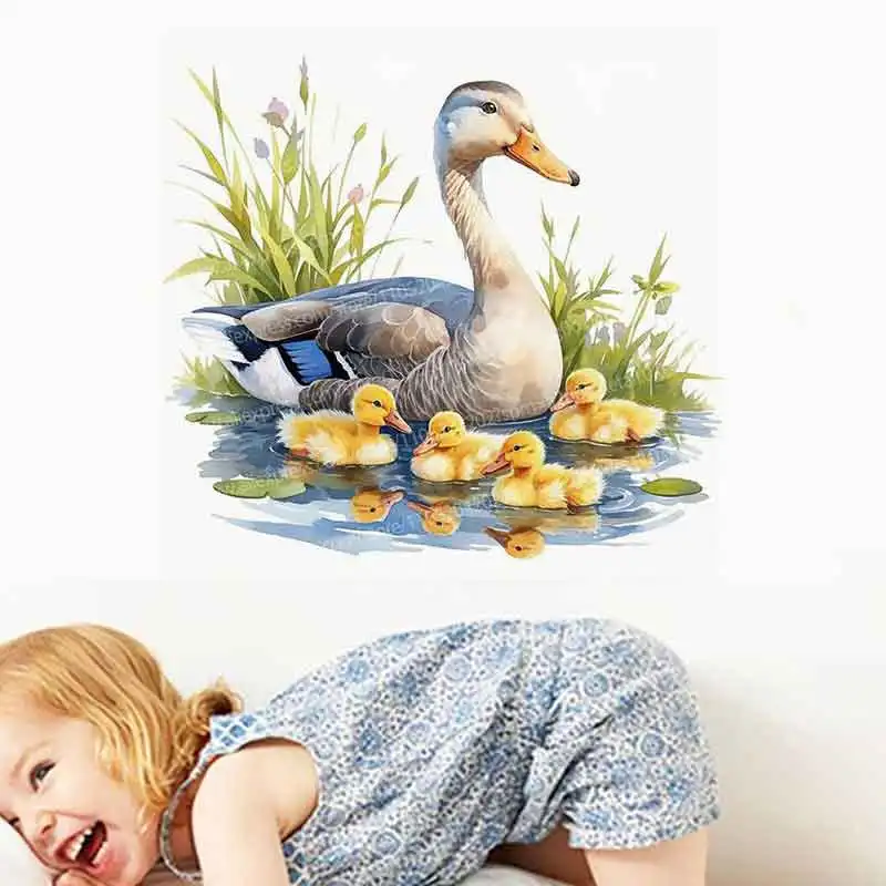 Goose Family Pond Self-Adhesive Wall Stickers Children's Bedroom Decor Animal Background Decoration Home Wall Art AA309