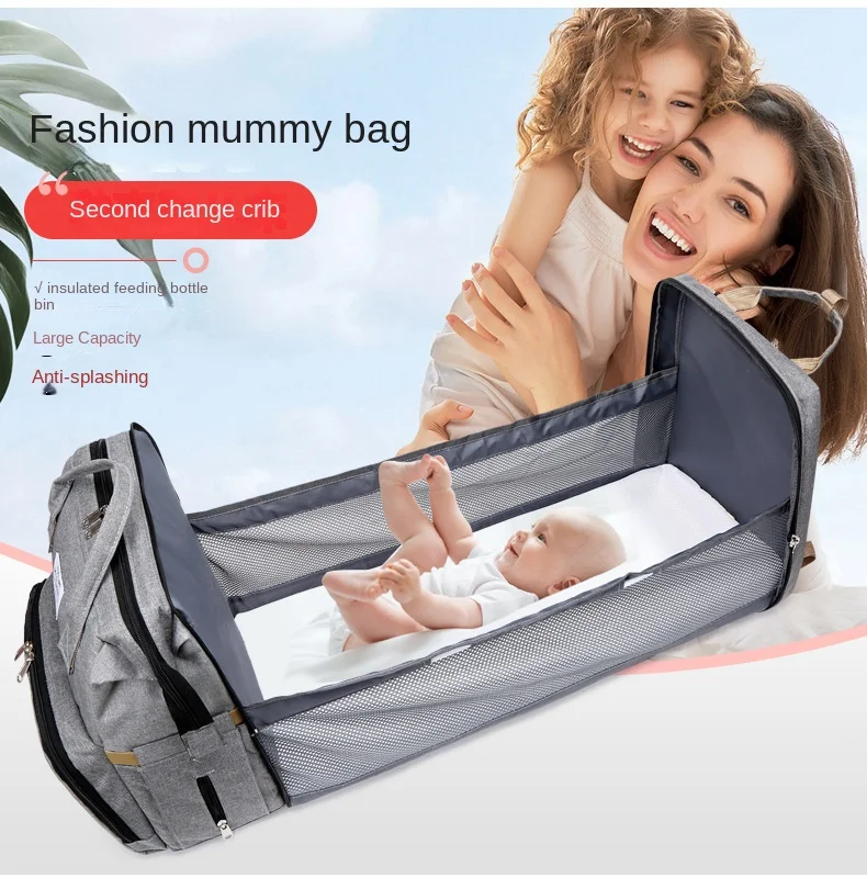 Fashionable Large Capacity Handheld Mommy Bag Folding Baby Bed Mother and Baby Bag Milk Bottle Diaper Double Shoulder Mom Bag