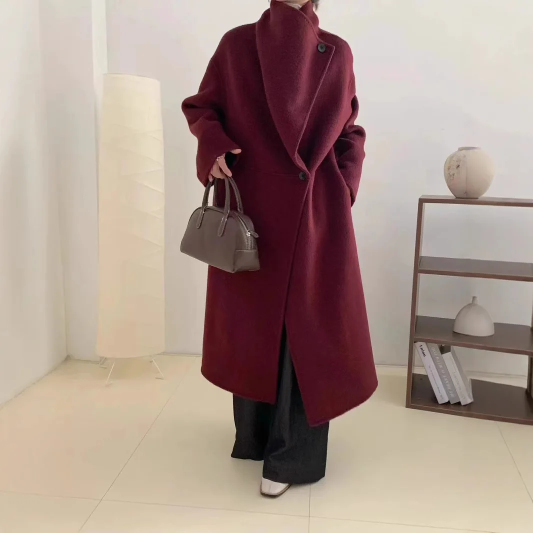 2024 Autumn/Winter New Yak Cashmere Mulberry Silk Wool Double sided Cashmere Coat Women's Extended Large Collar