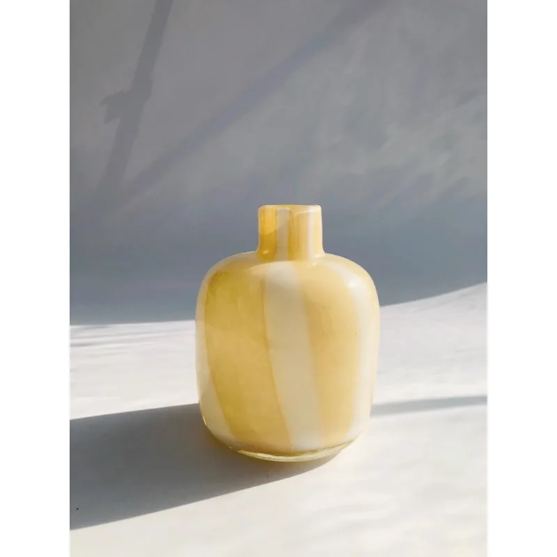 

Small fresh milk yellow striped art handmade glazed glass vase flower arrangement ornament