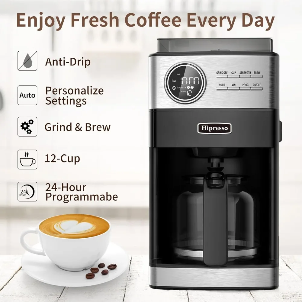 Programmable Drip Coffee Maker with Burr Grinder,12 Cups,Black/Stainless Steel with Water Filter