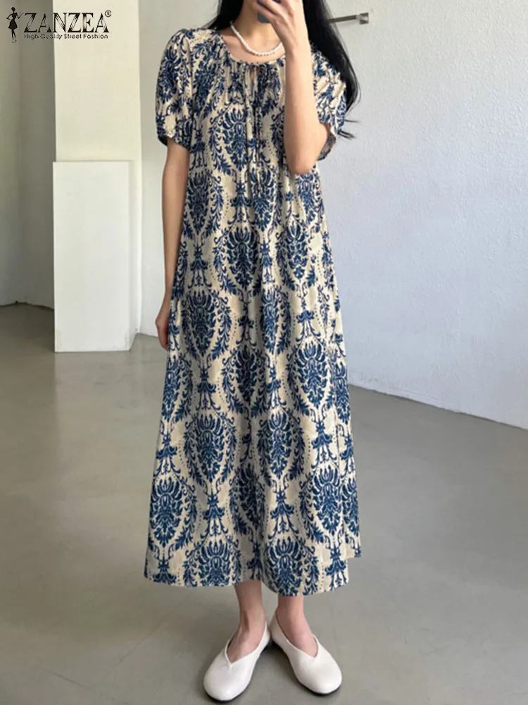 ZANZEA Puff Sleeve Loose Maxi Dress Vintage Printing Summer Vestidos Women Lace Up O-neck Robe Fashion Casual Holiday Dresses